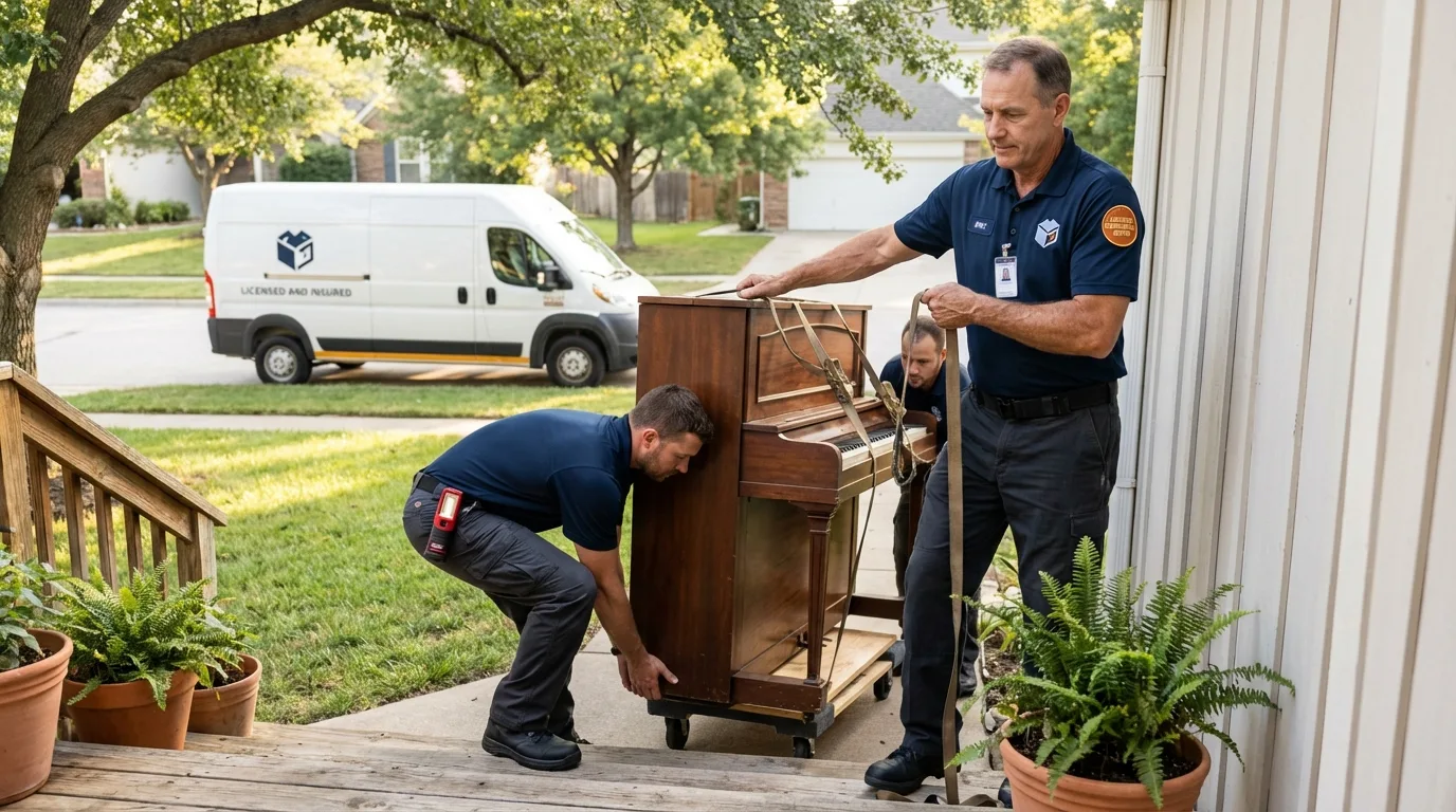Licensed piano movers securing grand piano in Williston Park, NY