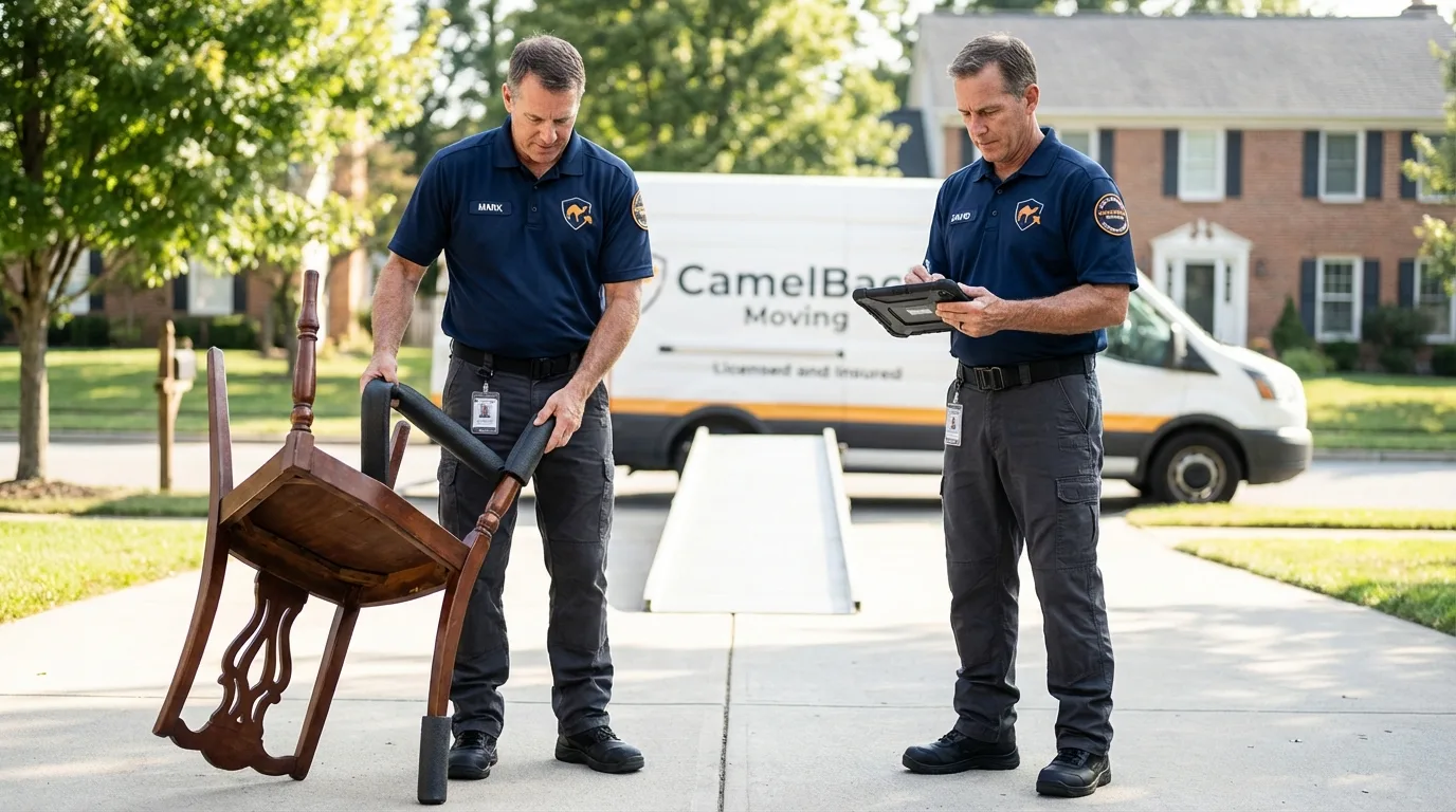 Movers inspecting furniture for damage prevention before loading in Williston Park, NY