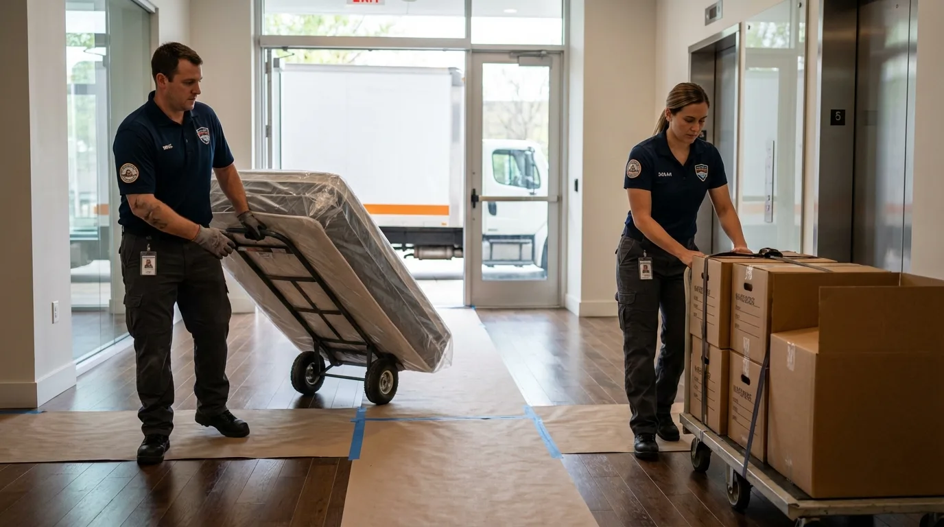 Professional apartment movers loading elevator in Williston Park, NY