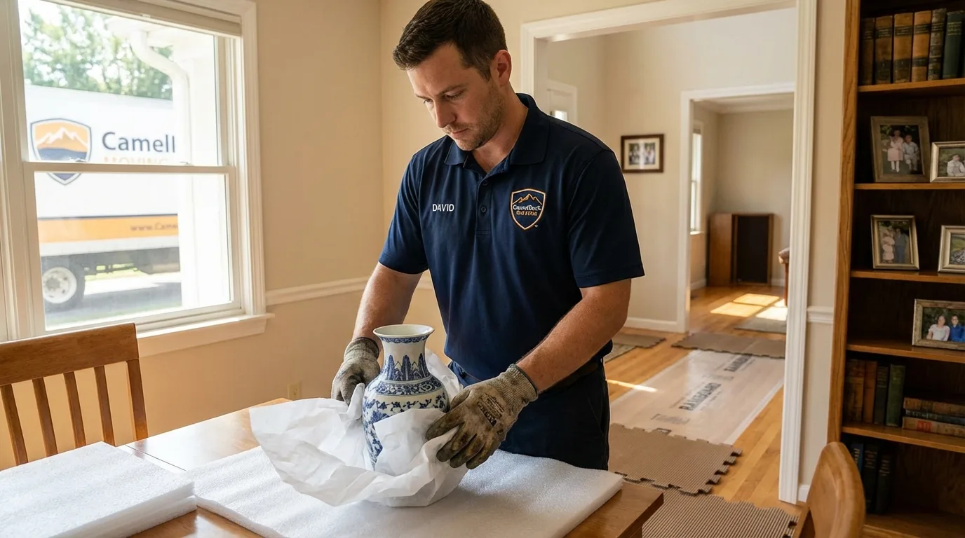 Professional crew carefully wrapping antique vase for senior downsizing move in Williston Park, NY