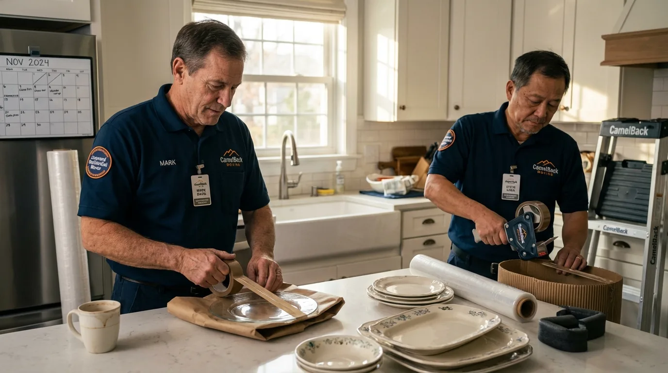 Professional crew packing kitchen dishware in Williston Park, NY